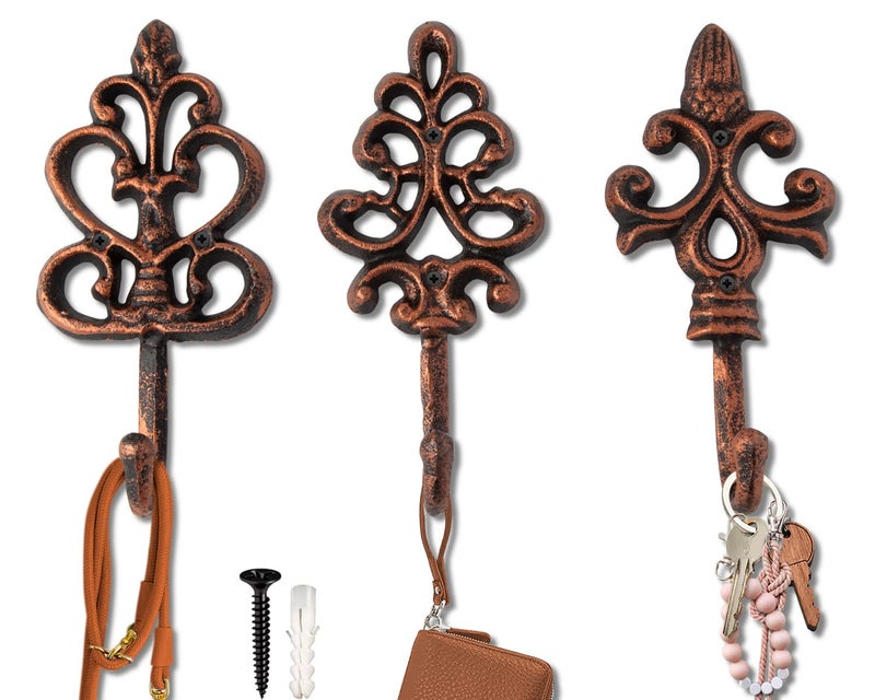 Comfify Shabby Chic Decorative Wall Hooks - Set of 3 - Cast Iron French Country Wall Decor - Farmhouse Hangers for Coats, Purses and More - Copper with Black - Image 1